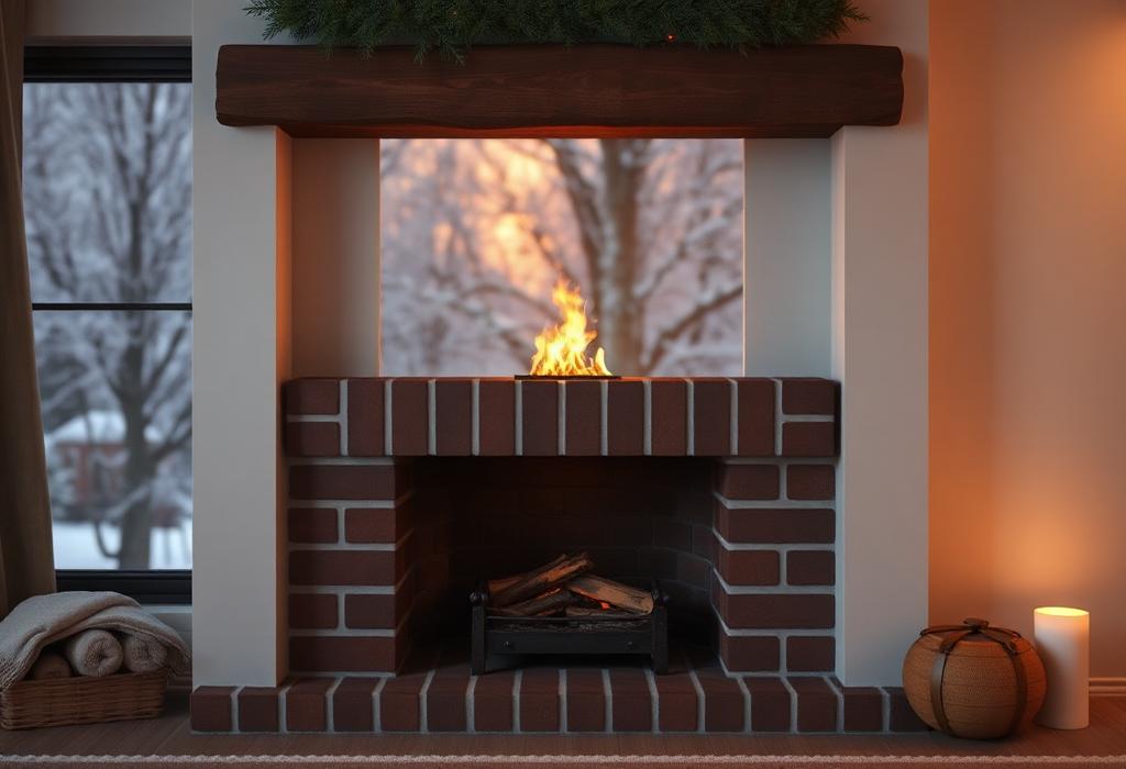 Fire burning in a brick fireplace with snow visible through the window