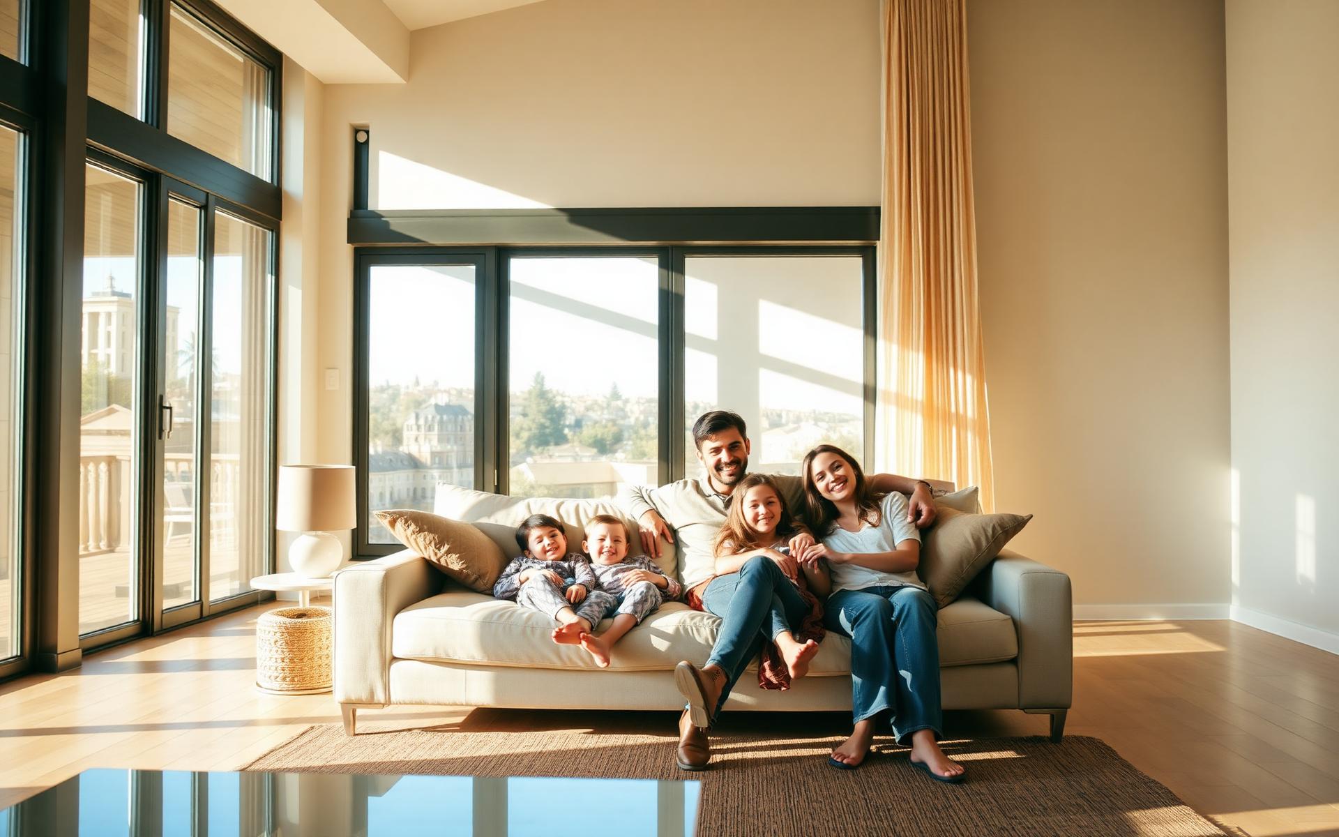 Family relaxing in a bright, clean living room