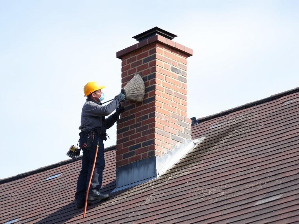 Chimney sweep cleaning a brick chimney on a residential roof